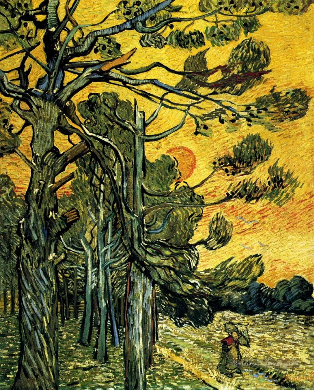 Pins avec un ciel rouge avec coucher de soleil Vincent van Gogh Peintures à l'huile
